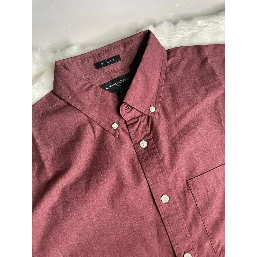 Banana Republic Slim Fit Short Sleeve Button Down Shirt Medium Red Burgundy M